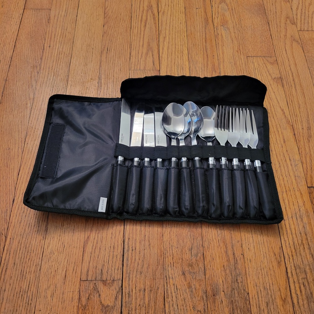 Coleman 12pc Camping Flatware Set Black Stainless Steel Portable Roll Up Case